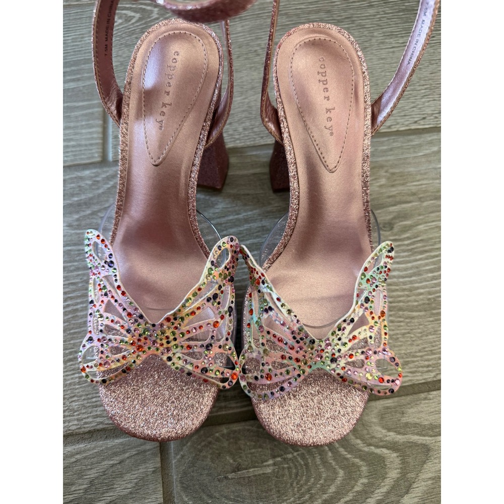 Copper Key Pink Glitter Butterfly Rhinestone Platform Block Y2K Style Heels 7.5
